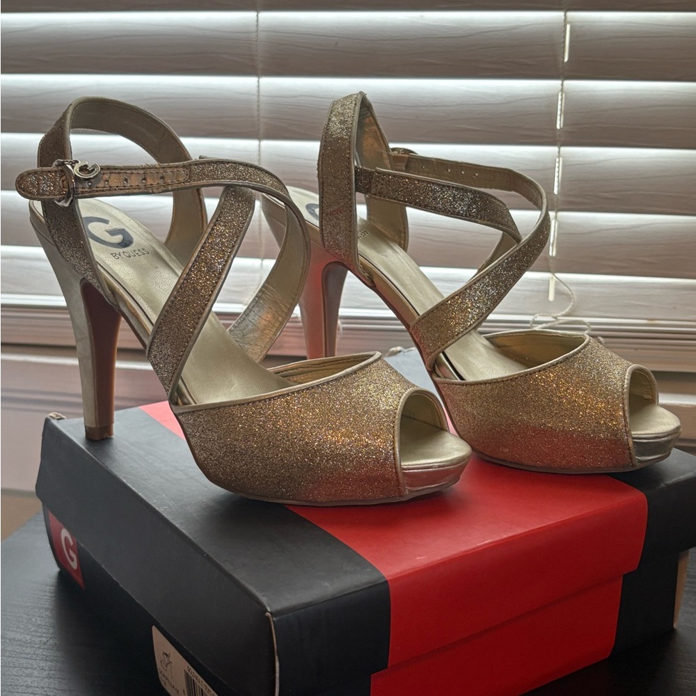 Guess Gold Glitter Strappy Heels